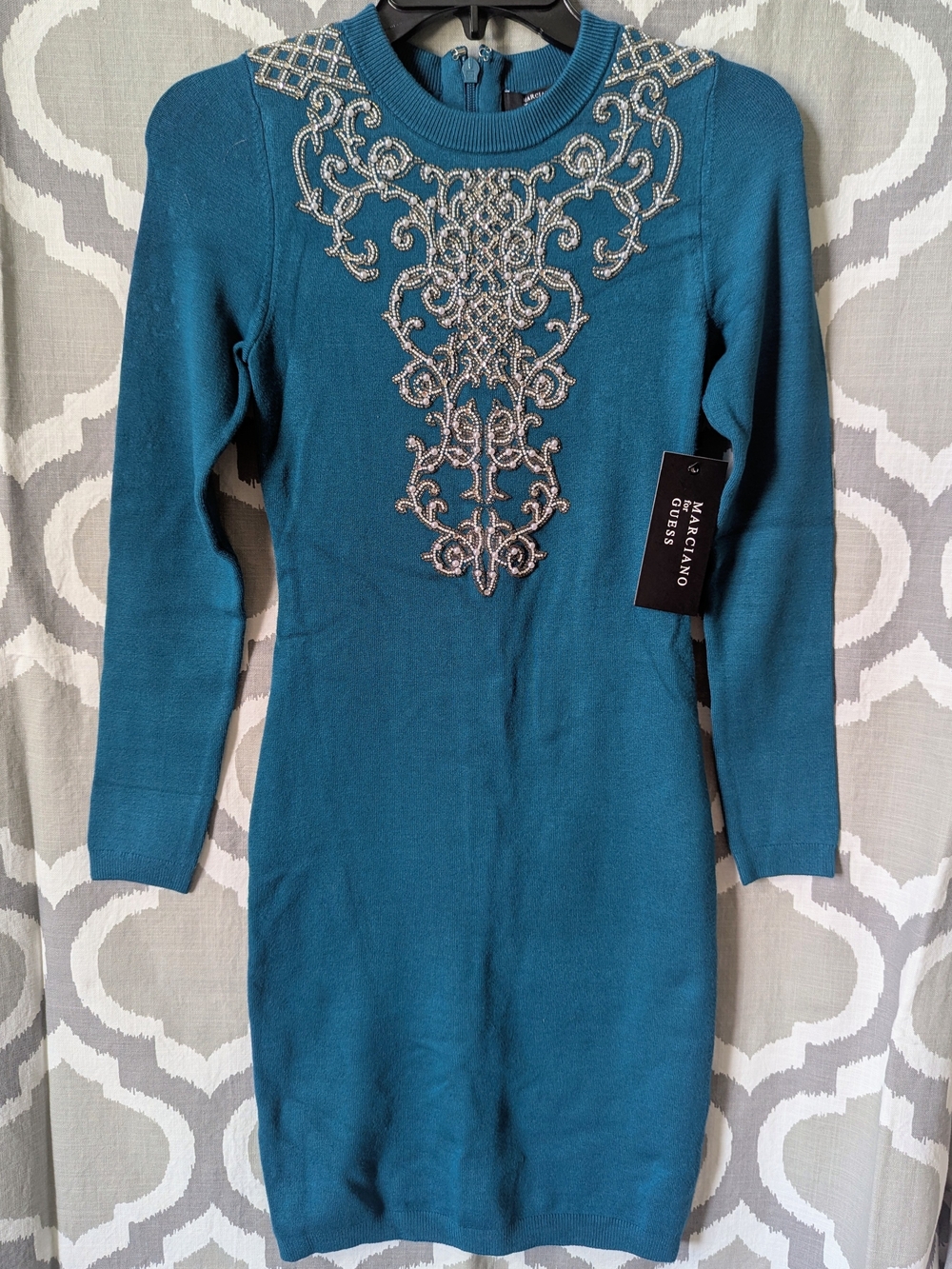 Marciano Teal Knit Embellished Bodycon Long Sleeve Dress